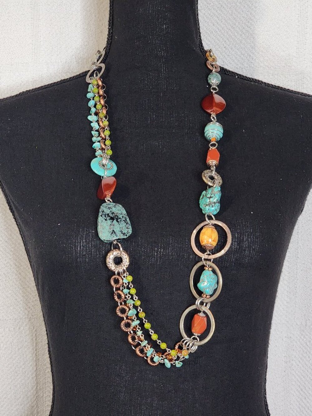 Chico's Multi Stone Multi Metal Circles 36" w/Extender Turquoise Copper Necklace - Picture 2 of 16